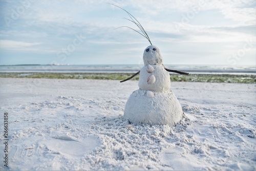 Fotografi Florida snowman made out of sand celebrating tropical hot and happy new year