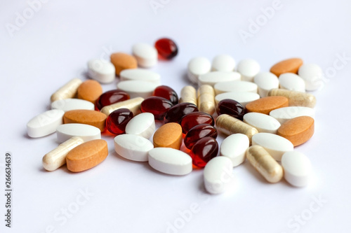 Pharmacy theme, health care, drug prescription for treatment medication and medicament. Pharmaceutical medicine pills, tablets and capsules on white background