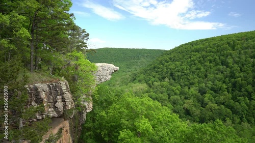 Tourist visitors couple taking selfie picture at Whitaker Point rock cliff hiking trail, landscape view, Ozark mountains, nwa northwest arkansas
