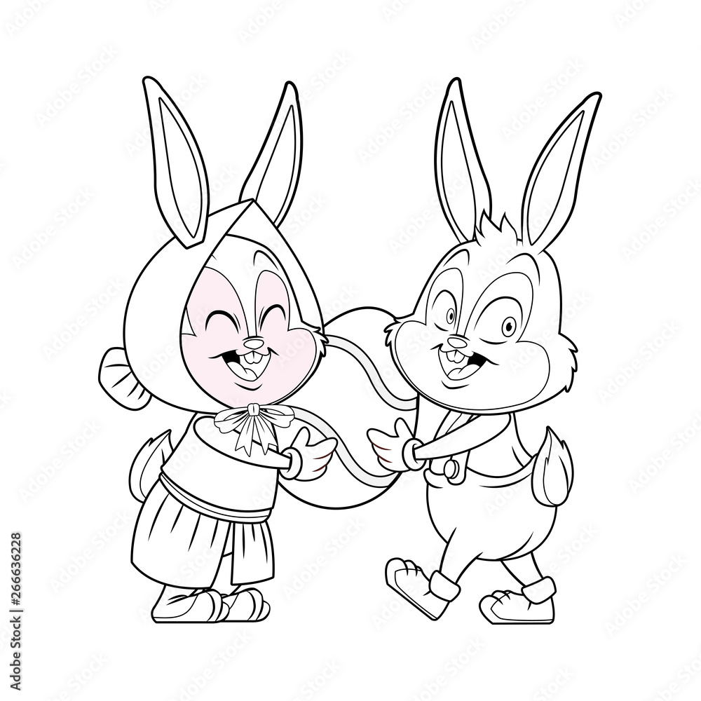Cute easter bunny happy friends black and white Cute easter bunny happy friends black and white