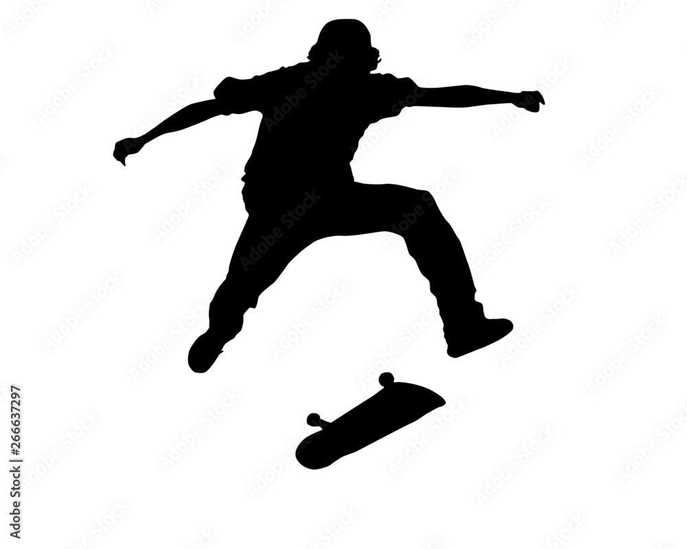 Treflip skateboarder doing a tre flip or 360 flip mid air jump silhouette 