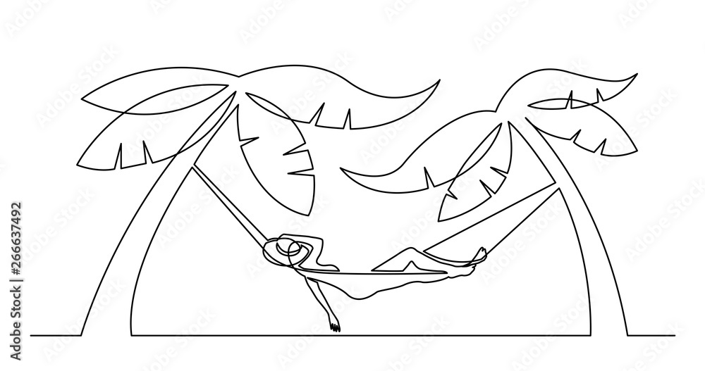 continuous line drawing of woman relaxing on hammock on tropical beach