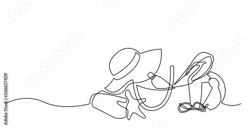continuous line drawing of hat sunscreen lotion sunglasses flip flops starfish bag on sand beach