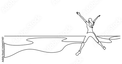continuous line drawing of healthy young woman jumping joy on sea beach
