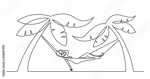 continuous line drawing of woman relaxing on hammock on tropical beach under palm trees