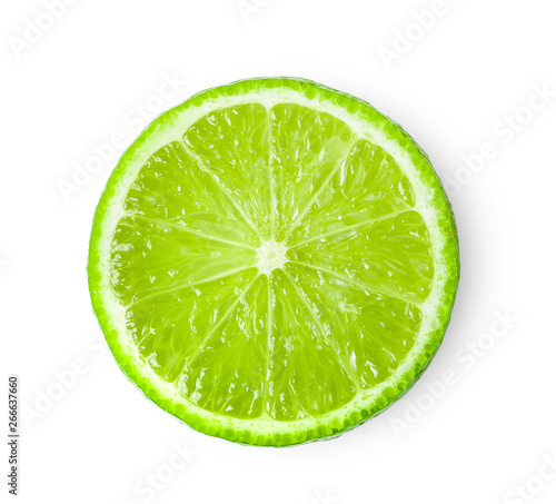 Juicy slice of lime isolated on white background. top view