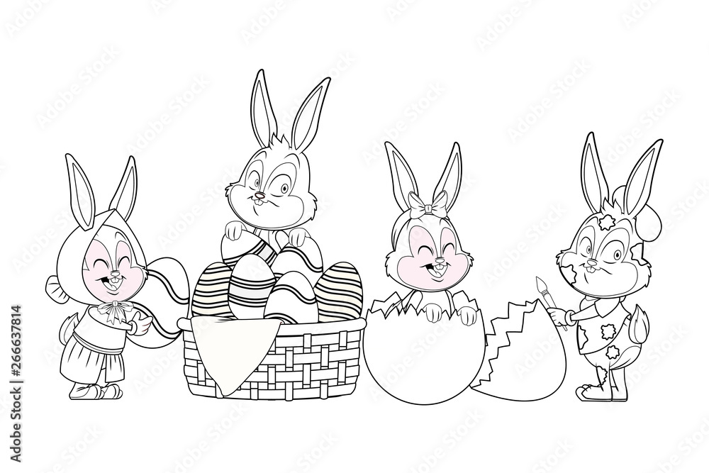 Cute easter bunny happy friends black and white Cute easter bunny happy friends black and white