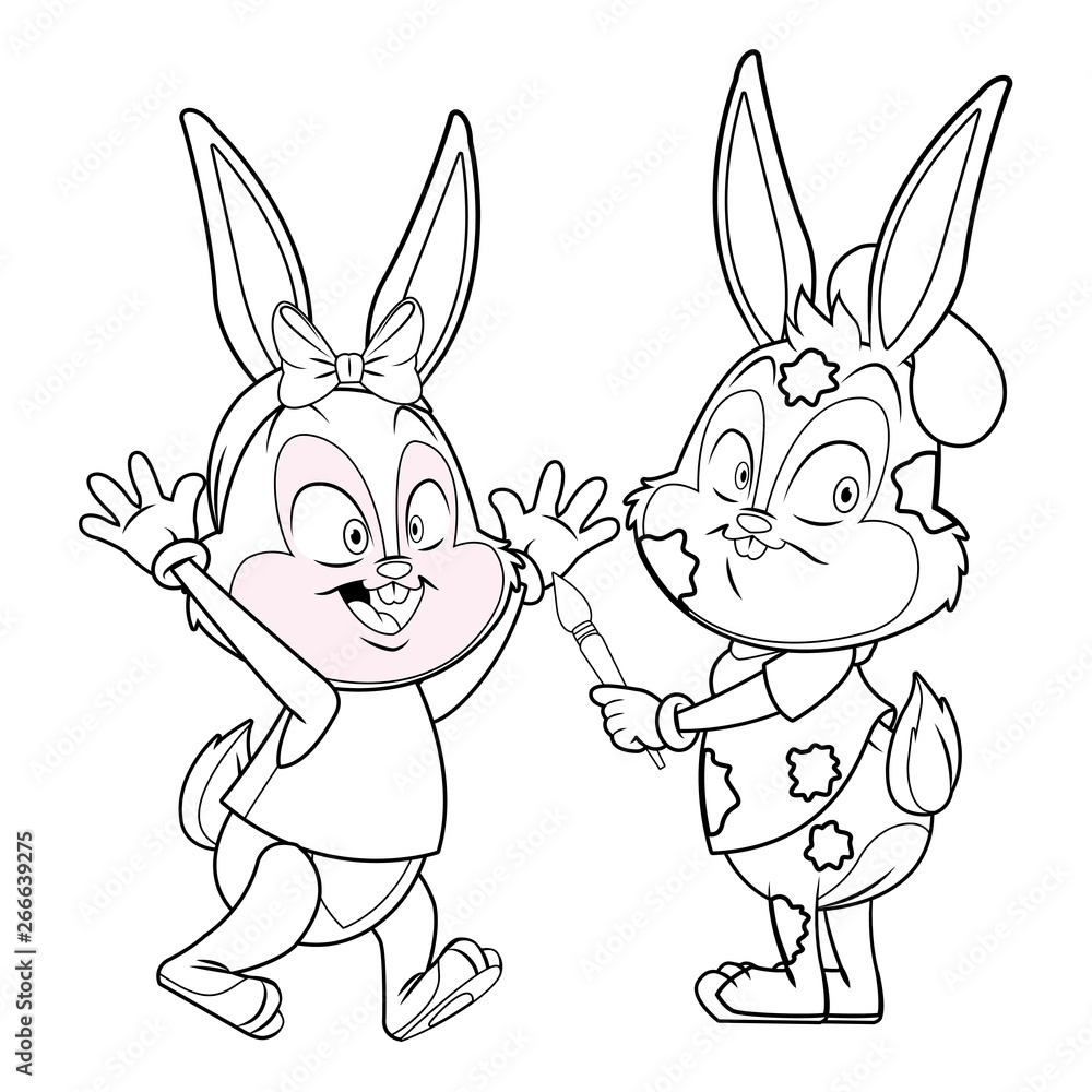 Cute easter bunny happy friends black and white Cute easter bunny happy friends black and white
