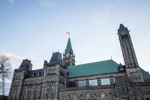 Main clock tower of the center block of the Parliament of Canada, in the Canadian Parliamentary complex of Ottawa, Ontario. It is a major landmark, containing the Senate and the house of commons