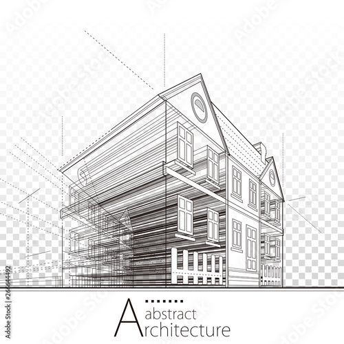 3D illustration architecture building construction perspective abstract background. 