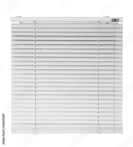 Modern window with half-closed stylish white blinds