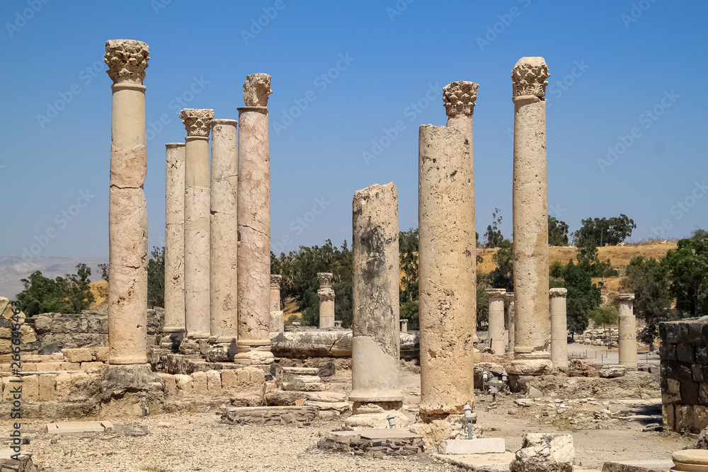 Standing columns in the ruins of Beit She'an, archaeological site