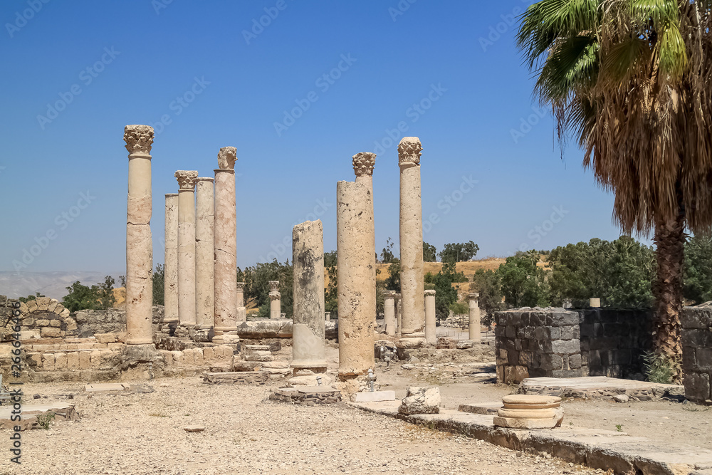 Overview of columns amongst other ruins and rubble at the archaeological park of Beit She'an