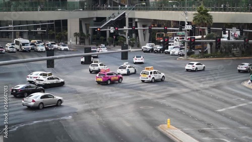 Street lights and the traffic in a car crossing of Las Vegas, Nevada, United States.