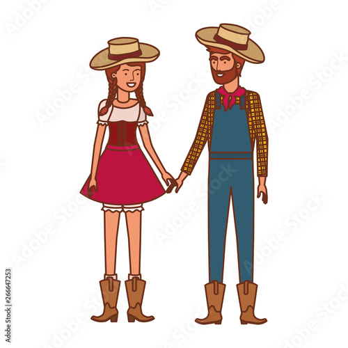 farmers couple talking with straw hat