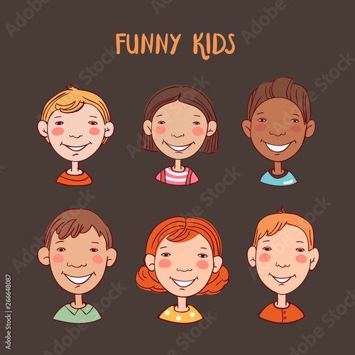 Funny kids. Vector cute boys and girls collection. Multi-ethnic group of happy children. Different cartoon faces icons 