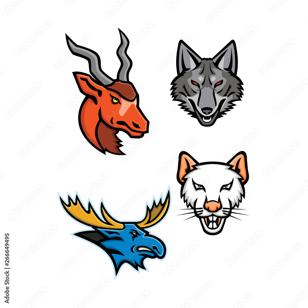 Mascot icon illustration set of heads of an addax, grey coyote, bull moose and a rat  viewed from front  on isolated background in retro style.