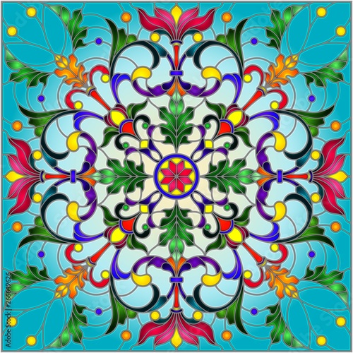 Illustration in stained glass style with abstract floral ornaments, flowers, leaves and curls on blue background, square image
