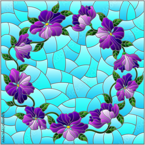 Illustration in stained glass style with bright purple flowers in a circle  on a blue background