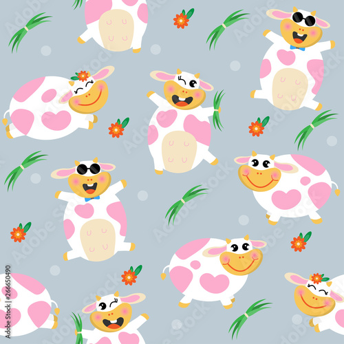 Cute cow cartoon seamless pattern background  vector illustration.