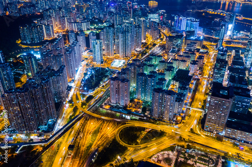 Top view of Hong Kong downtown city at night