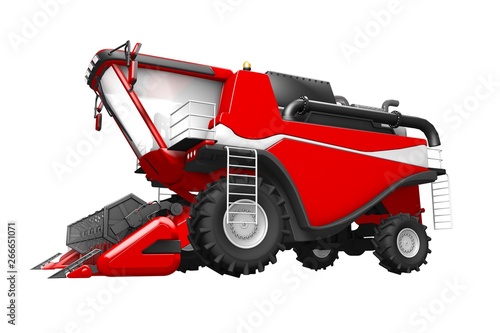 industrial 3D illustration of large beautiful red rye combine harvester side view isolated on white