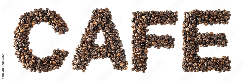 Coffee bean sort alphabetically. The word is cafe. Which is the name of the menu is a drink. isolated on white background and clipping path. Coffee bean sort alphabetically. The word is cafe. Which is the name of the menu is a drink. isolated on white background and clipping path.