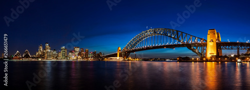 Panorama of Sydney Downtown and the Harbor Bridge by Night Blue Hour