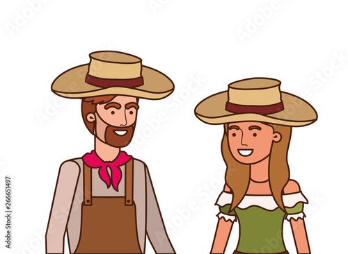 farmers couple talking with straw hat