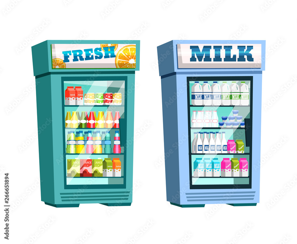 Supermarket shelves, fridge with fresh drinks and milk. Supermarket shelves, fridge with fresh drinks and milk.