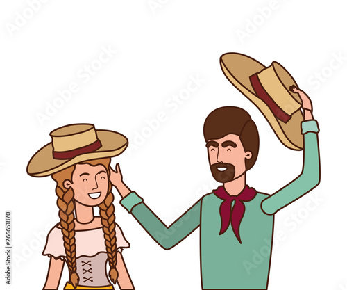 farmers couple talking with straw hat
