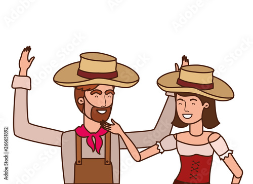 farmers couple talking with straw hat
