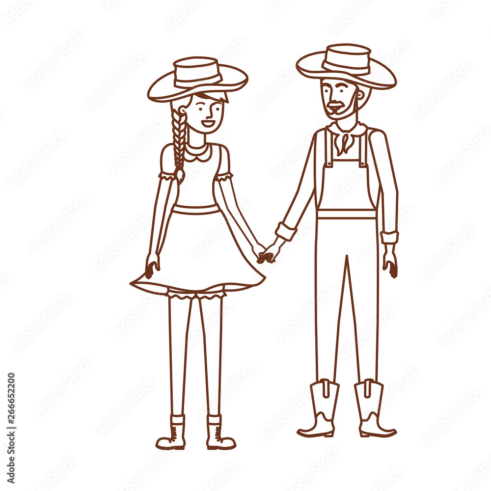 farmers couple talking with straw hat farmers couple talking with straw hat