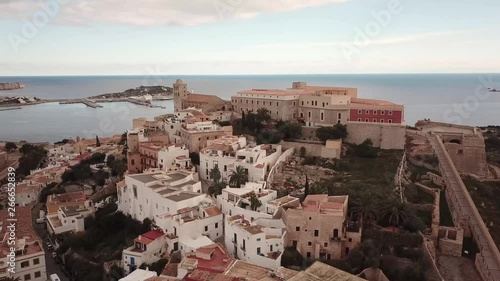 Aerial video of Ibiza Eivissa surrounded by medieval walls in Spain
