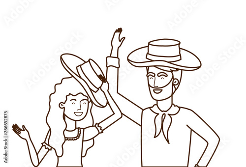farmers couple talking with straw hat
