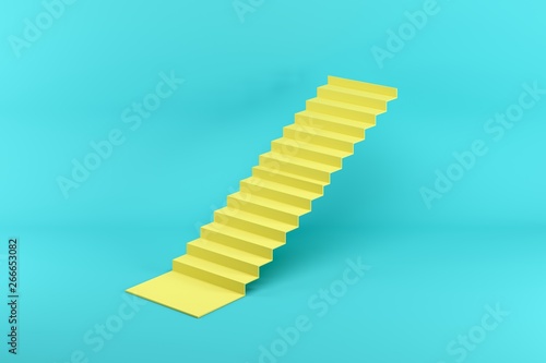 Yellow stairway isolated on blue background. Minimal conceptual idea concept. 3D Render.