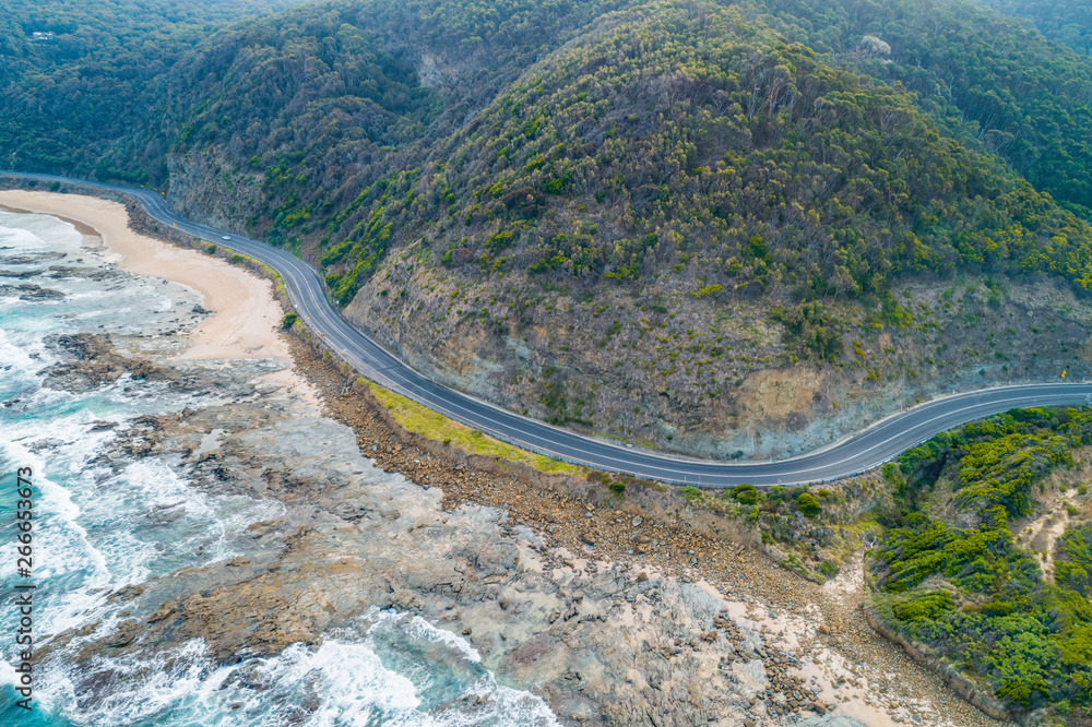 Looking down at the bends of the famous Great Ocean Road in Victoria, Australia