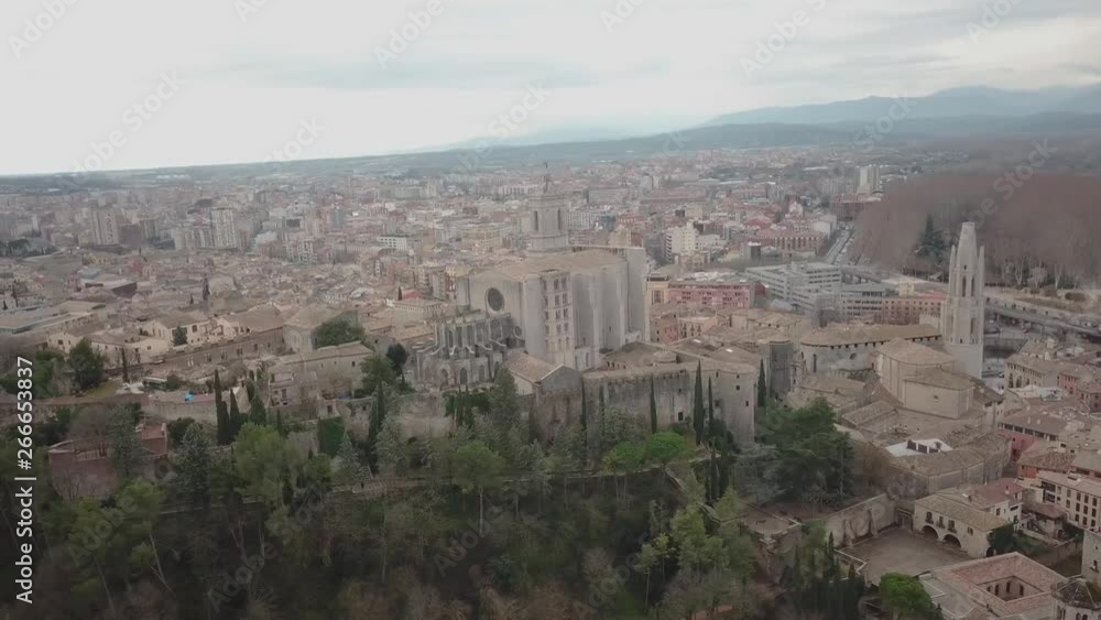 Aerial video of Girona in Catalonia Spain