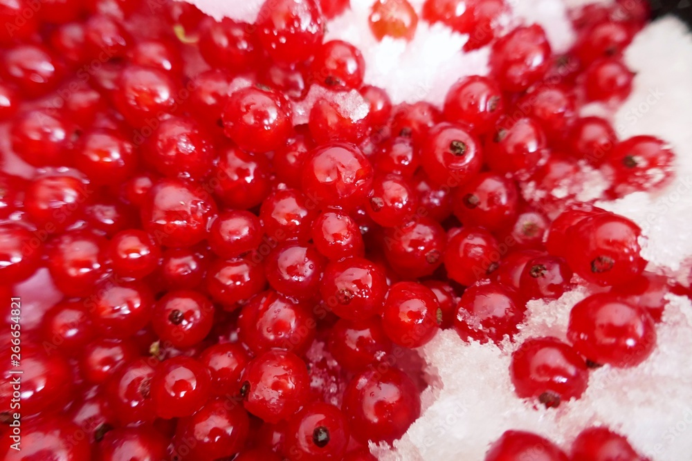 red currant berries with sugar  background.Red currant jam.Summer berry. Canned berries.