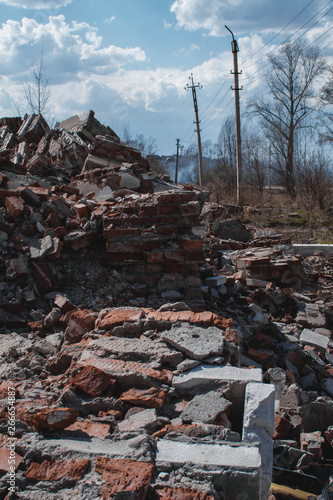 The ruins of a brick house. The house is destroyed, a natural disaster.