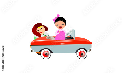 Children's pedal car. Kids are playing. Vector illustration. White isolated background.