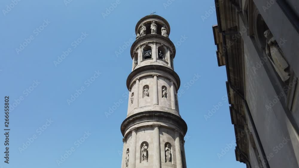 Urgnano, Bergamo, Italy. View of the bell tower of the main church in the center of the village Urgnano, Bergamo, Italy. View of the bell tower of the main church in the center of the village