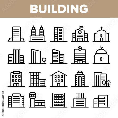 City  Town Buildings Linear Icons Vector Set. High Rise  Multi Storey Buildings  Skyscraper Facades Thin Line Illustrations Pack. Office Centers  Apartment Houses  Malls Outline Isolated Symbols