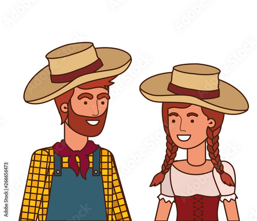 farmers couple talking with straw hat