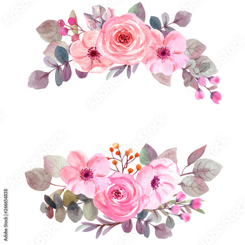 watercolor flowers. floral illustration, Leaf, Botanic composition for wedding or greeting card. branch of flowers - abstraction rosesleaf. collection garden and wild, forest herb, flowers, exotic lea