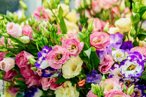 A large bouquet of eustoma in a flower shop is sold as a gift box. Farmer s market. Background.
