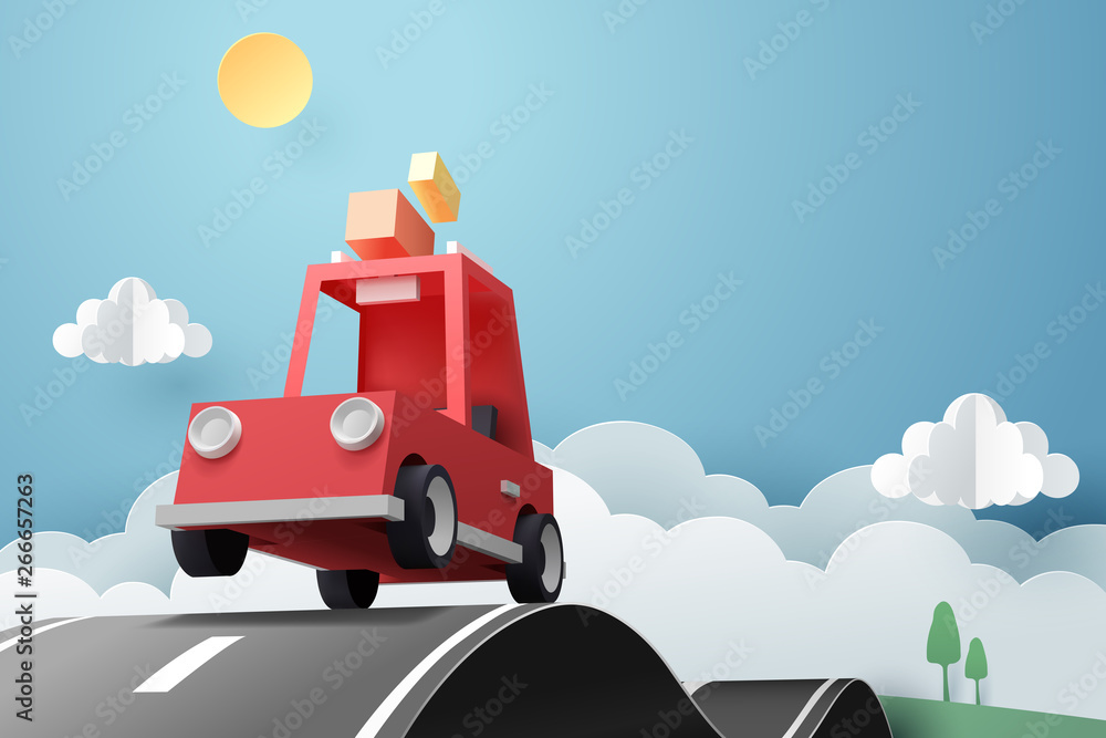 Paper art of red car jumping on mound, origami and travel concept