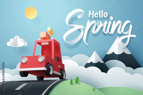 Paper art of red car jumping on mound, origami and travel concept
