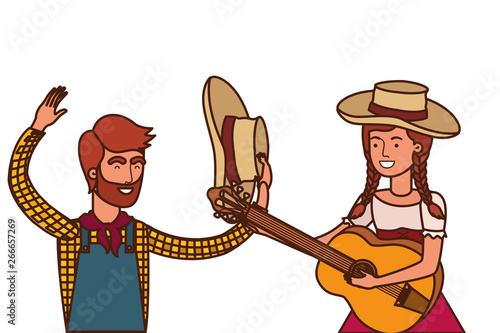 farmers couple talking with straw hat