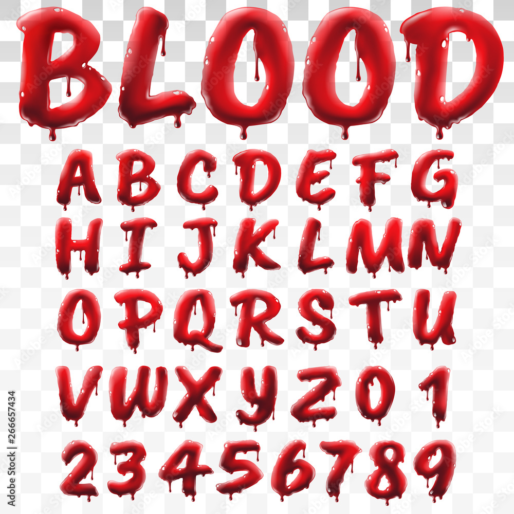 Translucent bloody alphabet isolated on transparent background